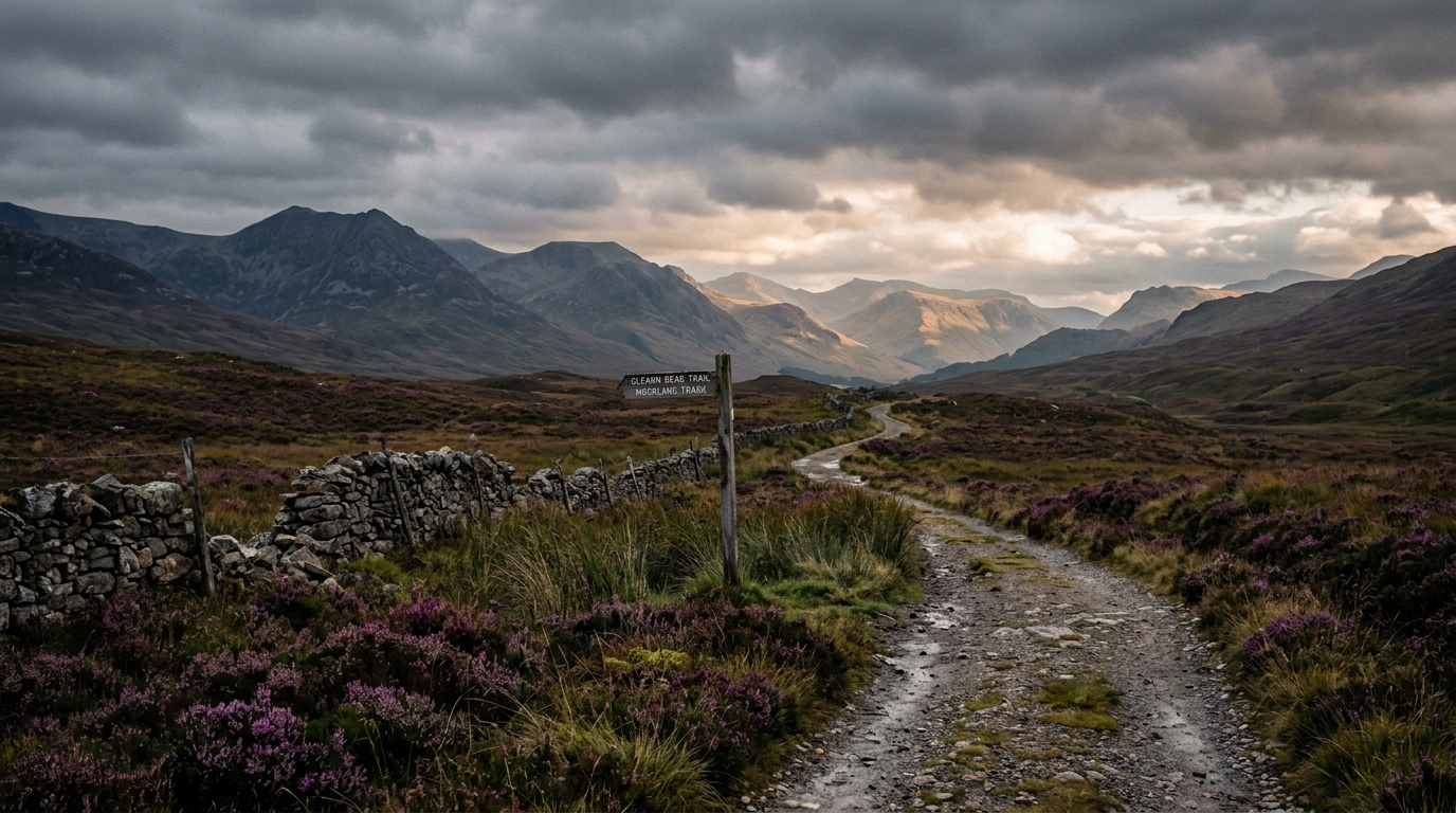 A rugged Highland gravel trail winding through open Perthshire moorland — dry-stone dyke, heather in bloom, a wooden fingerpost pointing into the glen, distant mountains under moody grey cloud with golden light breaking through.