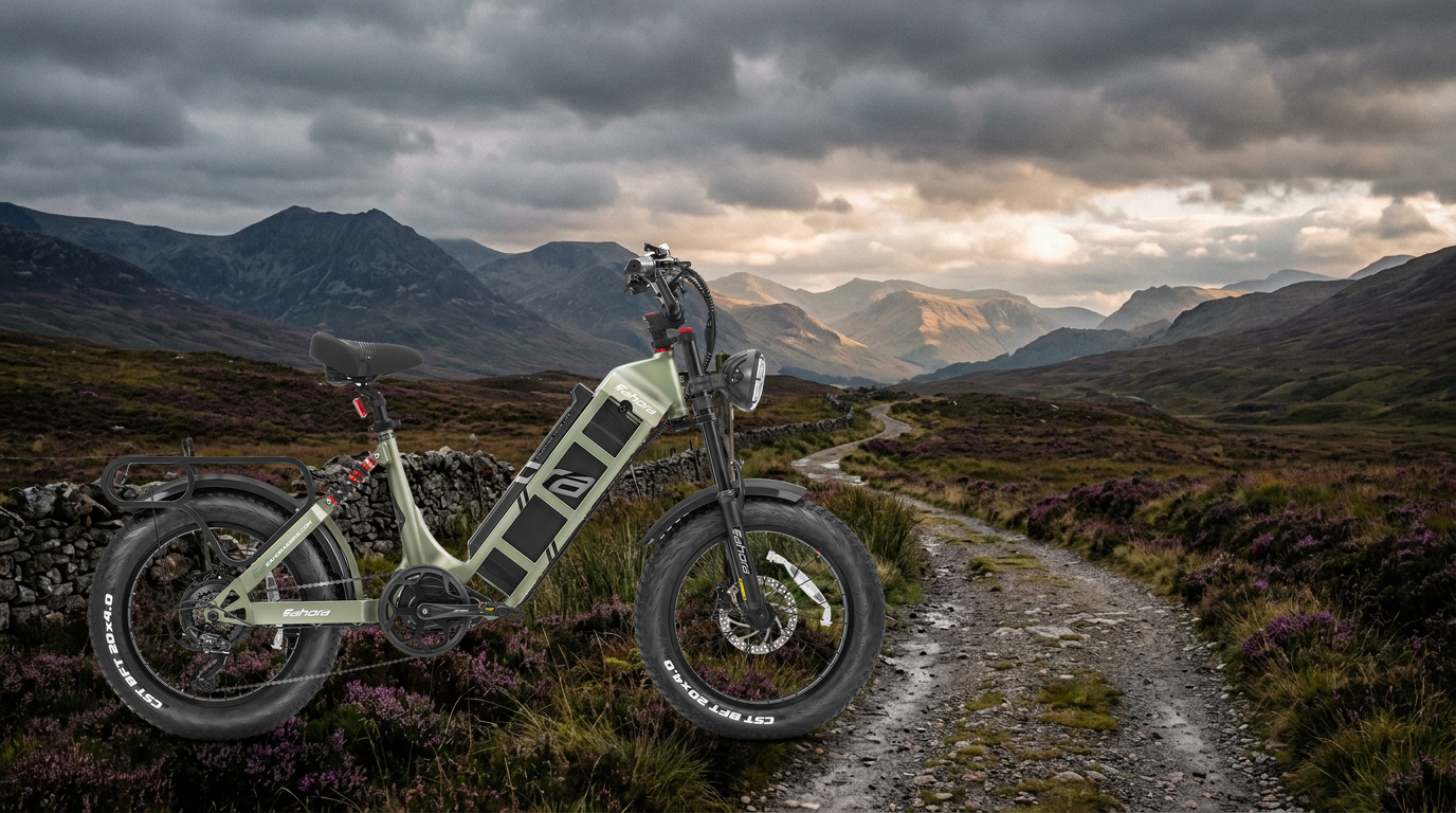 The real EAHORA 2026 Juliet in sage green — the actual bike you receive — parked on a Highland gravel trail through blooming heather, dry-stone dyke to one side, layered Perthshire mountains under moody broken cloud with golden light.